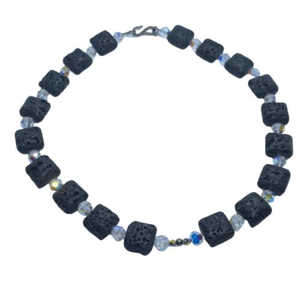 Unique Vintage AB Crystal & Lava Rock Bead Necklace w/ Sterling Silver Clasp